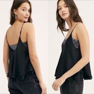 Free People Black Turn It On Cami Tank Top Sequin Satin Camisole Size XS NWT $68